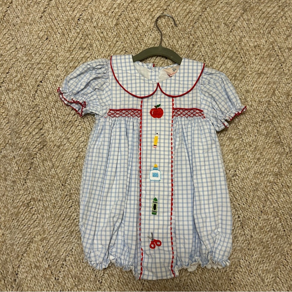 Blue Gingham Smocked School-Themed One-Piece Bodysuit for Kids
